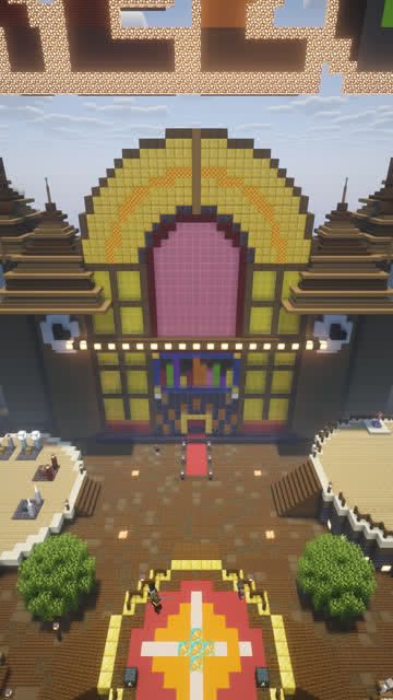 Drone shot rising and pulling back from a giant jukebox building and its red carpet entrance at a Minecraft server spawn