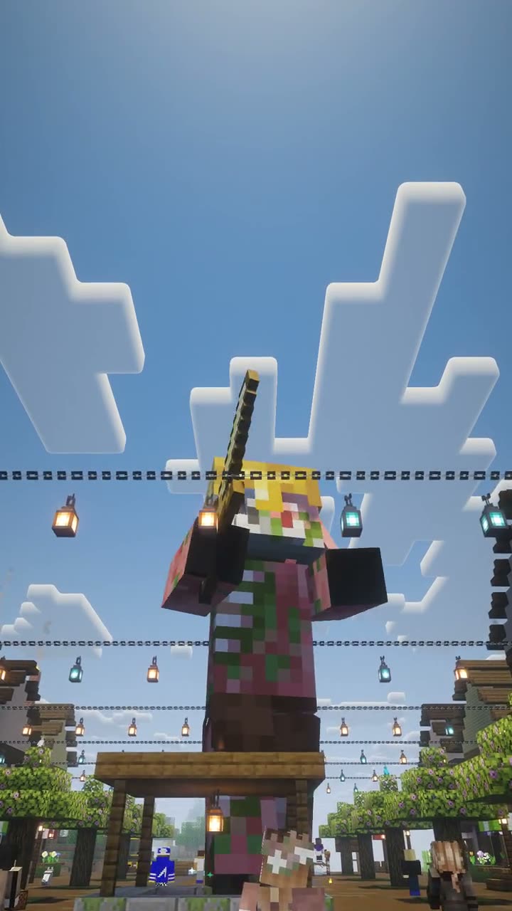 Low-angle view looking up at a giant pigman figure against a clear blue sky during the Pigstep show on a Minecraft server