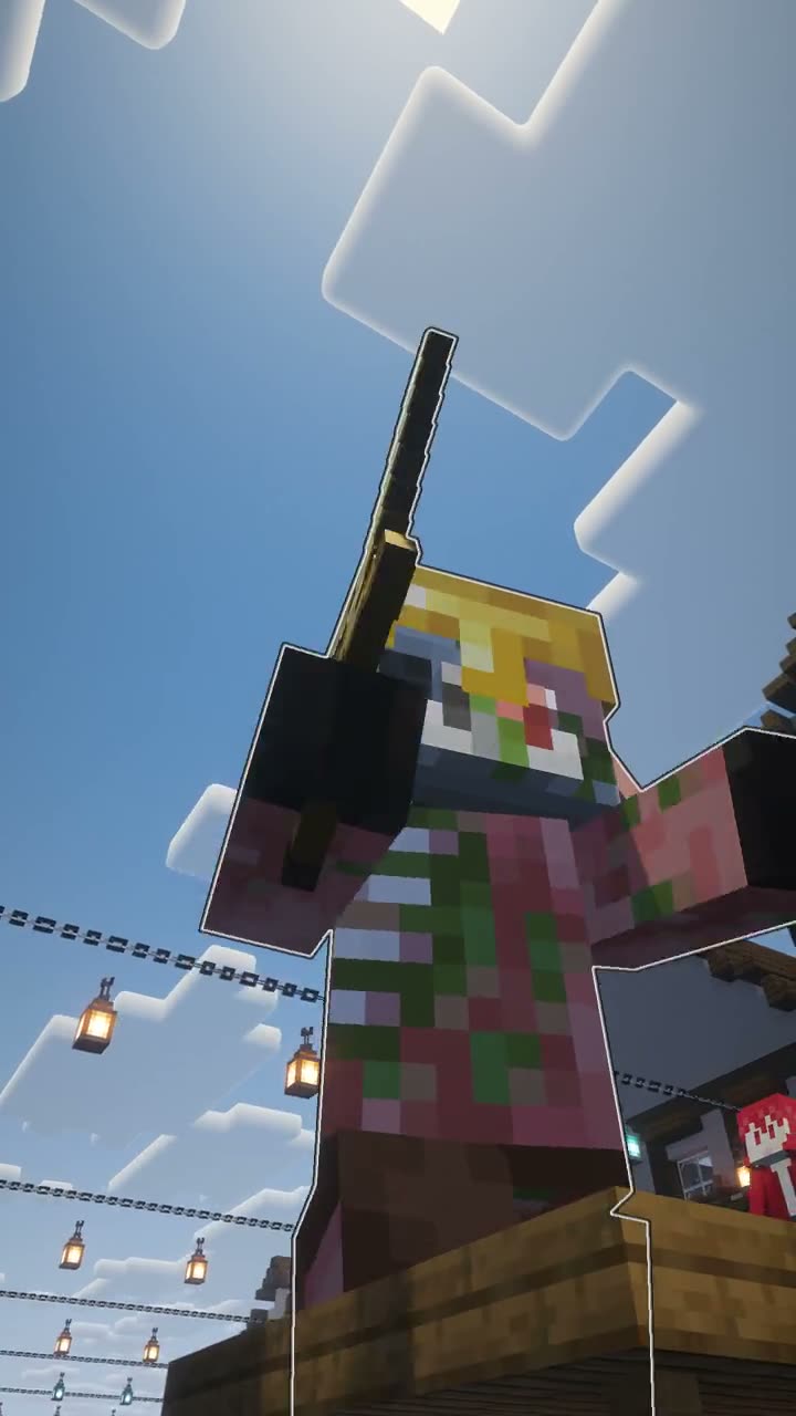 Camera orbits low around a giant zombified piglin holding a gold sword on a Minecraft server spawn plaza
