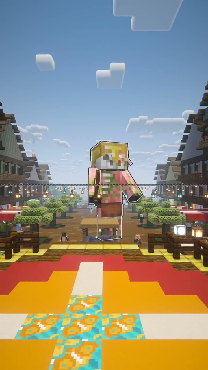 Player CavePlaysMC stands in a Minecraft spawn plaza at ground level, looking toward giant pigmen towering in the distance