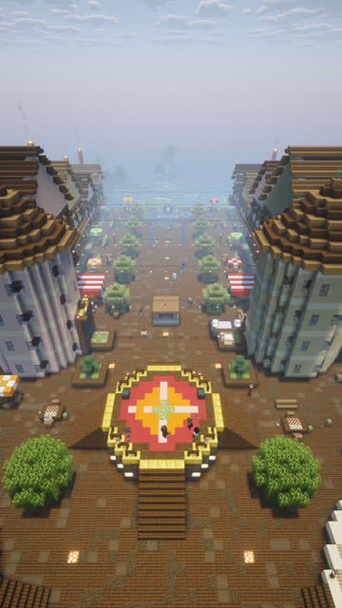 High wide view of a Minecraft spawn plaza with giant pigmen standing over the plaza emblem