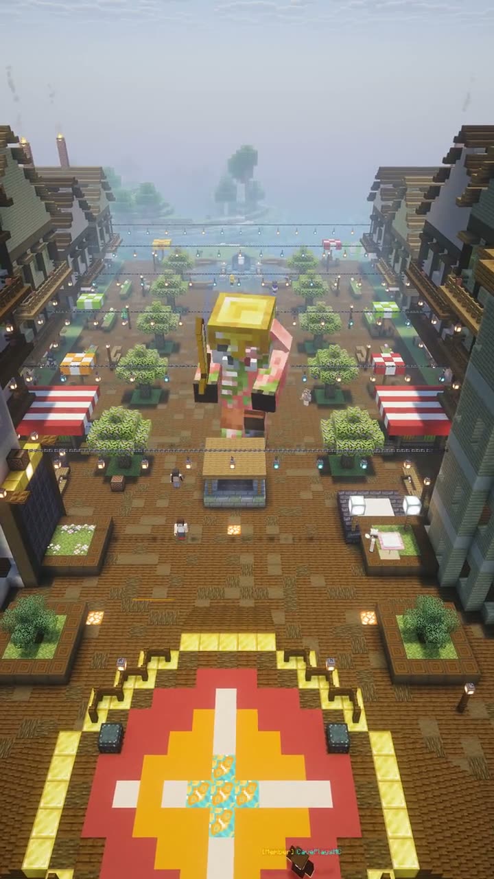 High wide view of three giant pigmen standing on a Minecraft server spawn plaza with a large emblem on the ground