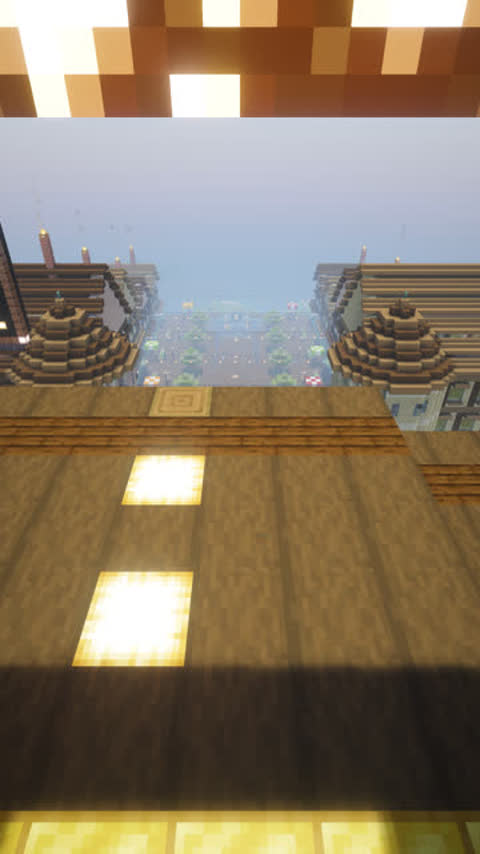 High wide view of a Minecraft spawn plaza with giant pigmen standing over the central plaza emblem