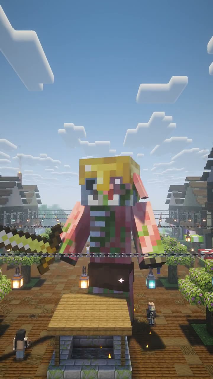 Camera looks up from a giant pigman's feet, then pulls back to show several giant pigmen standing in a Minecraft spawn plaza.