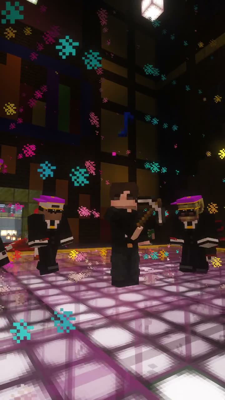 Minecraft nightclub dance circle: NPC dancers in an inner ring, AI residents in an outer ring, one soloing in the middle
