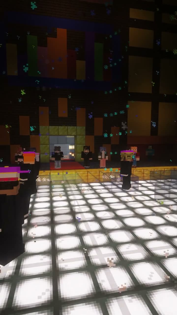 Camera orbits four NPC dancers, the JukeSquad, performing a routine on the dance floor of a Minecraft nightclub