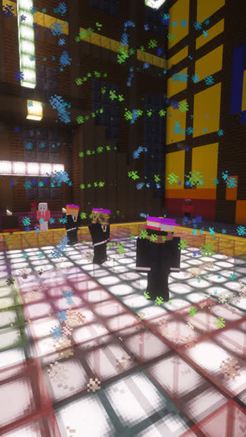 Four NPC dancers, the JukeSquad, performing a routine on the dance floor of a Minecraft nightclub, seen from a slow orbiting camera