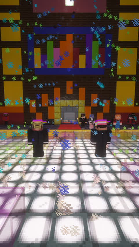 Orbiting shot of four NPC dancers, the JukeSquad, performing on the dance floor of a Minecraft nightclub