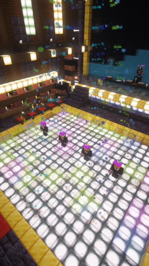 Camera cranes down onto a glowing Minecraft nightclub dance floor where the four JukeSquad NPC dancers perform
