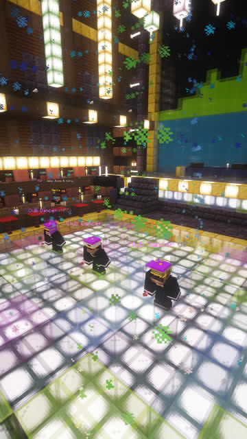 Camera cranes down onto a glowing Minecraft nightclub dance floor where the four JukeSquad NPC dancers perform