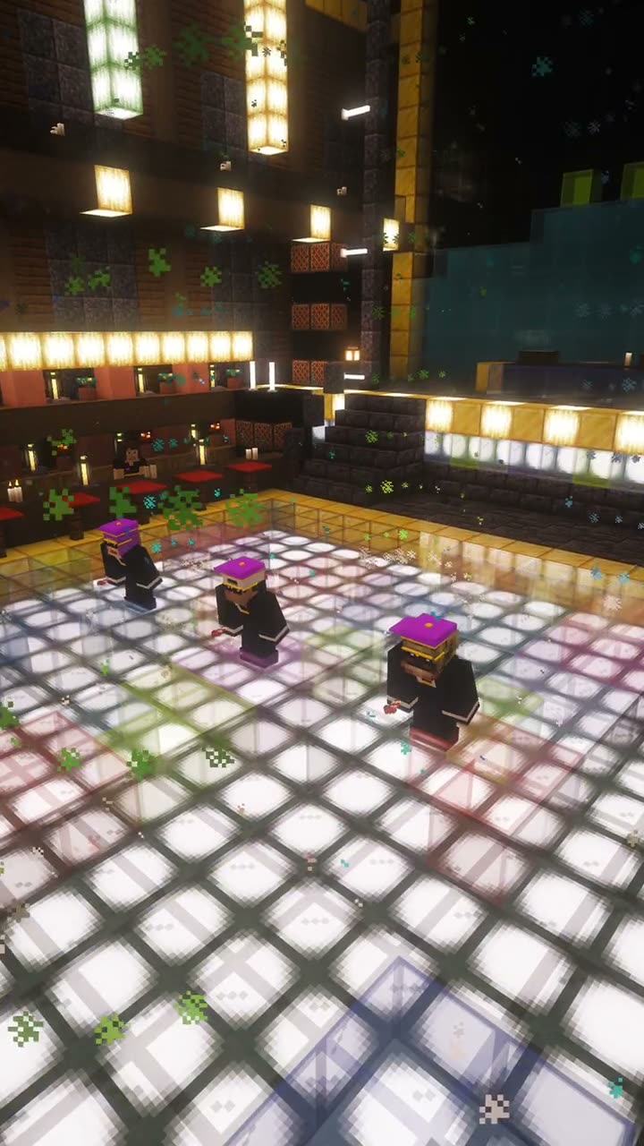 Camera cranes down onto a glowing Minecraft dance floor where the four JukeSquad NPC dancers perform a routine
