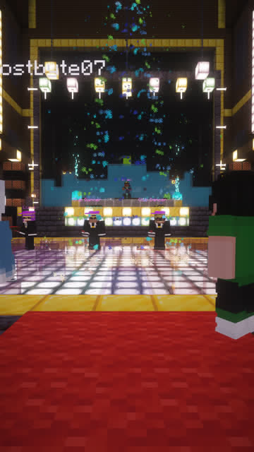 Minecraft first-person view moving through a jukebox door and tunnel onto a lit dance floor in a nightclub