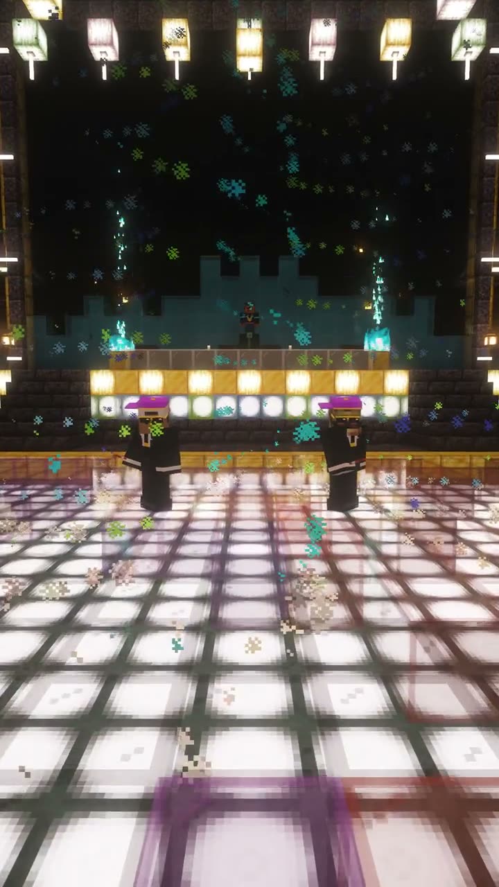 Camera pushes through a jukebox door and tunnel onto a lit dance floor in a Minecraft nightclub