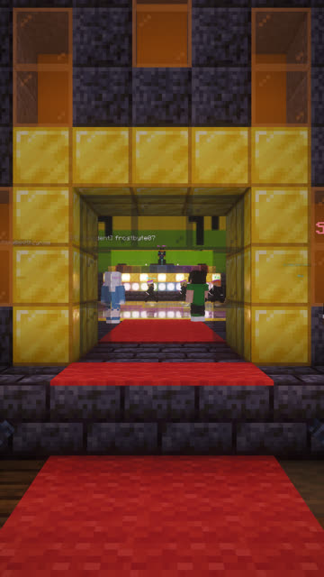 Minecraft first-person view moving through a jukebox door and tunnel onto a lit dance floor inside a nightclub