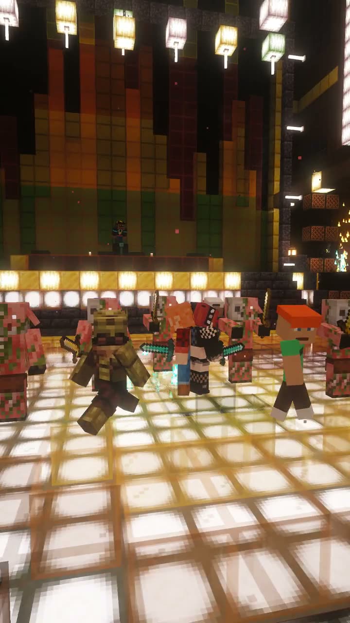 Wide, low-angle view of a Minecraft nightclub floor with dancing zombified piglins and dancer NPCs during a Pigstep show