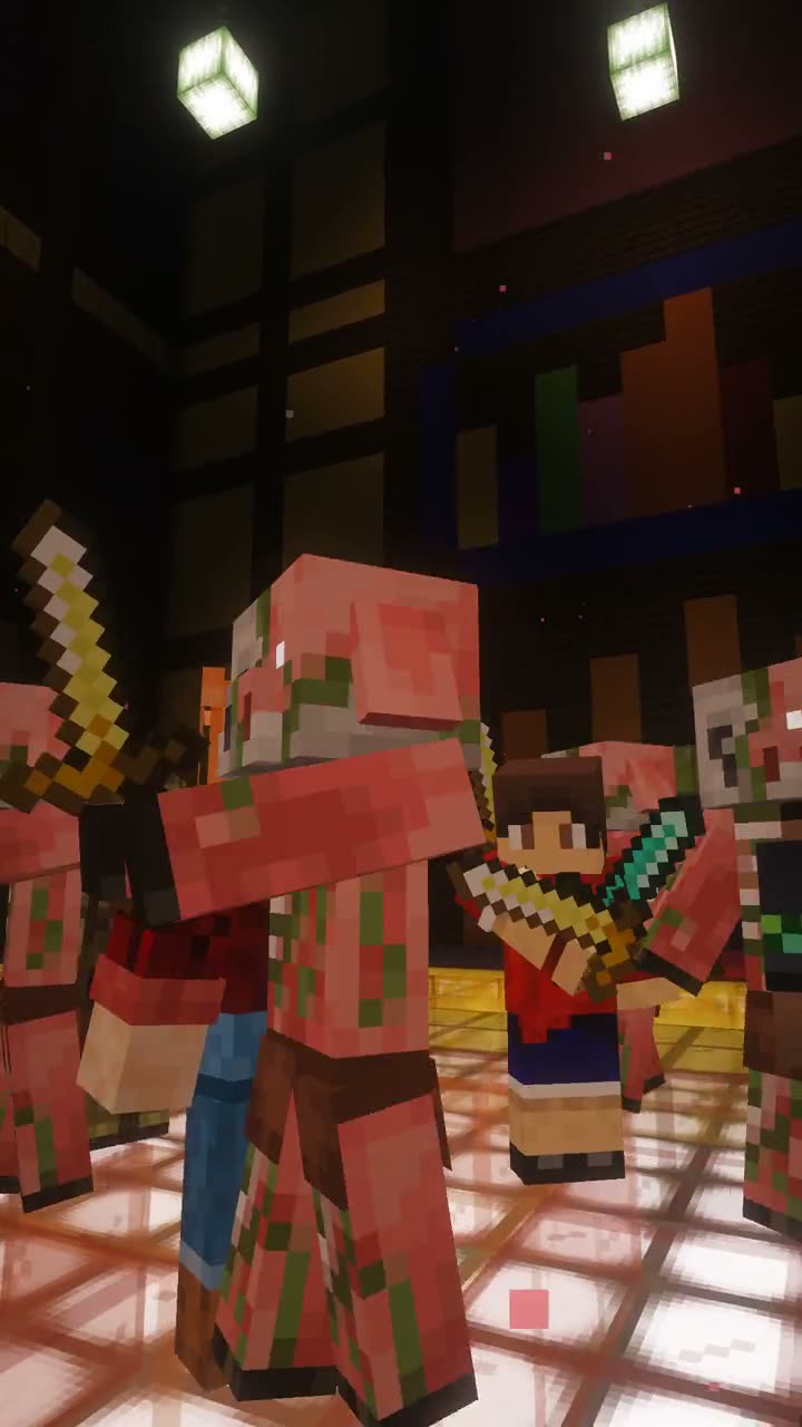 Low camera orbiting a crowd of dancing zombified piglins inside a Minecraft nightclub during the Pigstep show