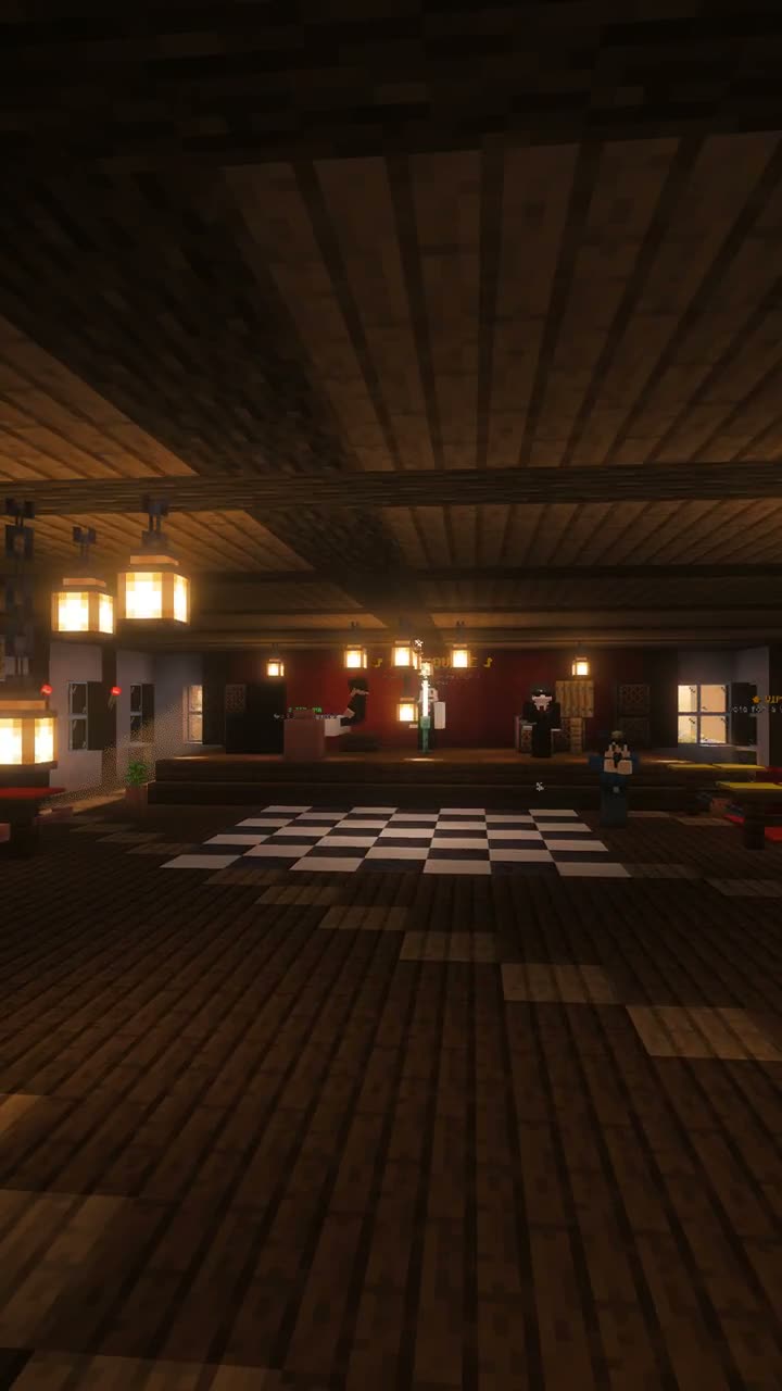 Minecraft server lounge interior with an AI waiter NPC, a band area, and tables for card games and checkers