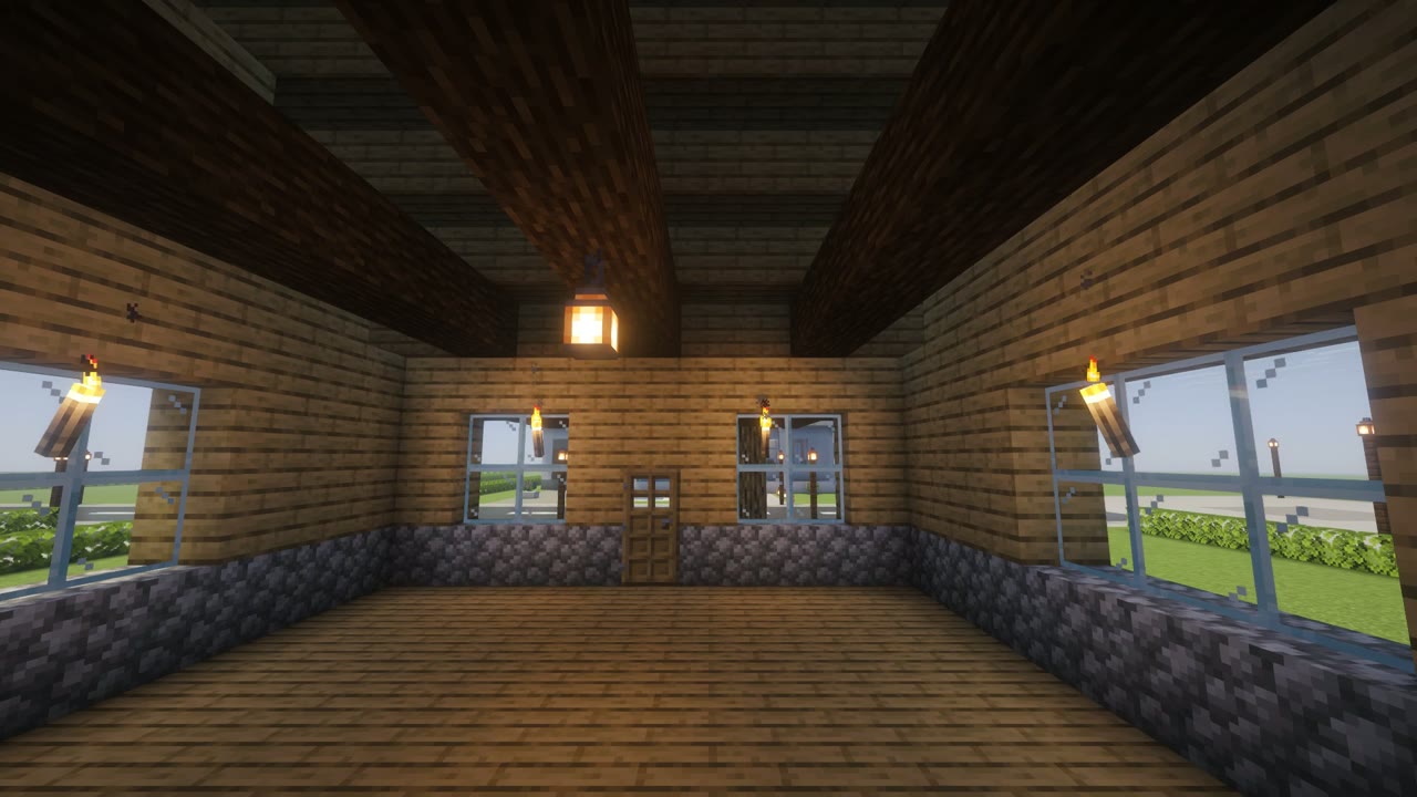 Step 8 of the Minecraft easy survival starter house: roof beams and lights