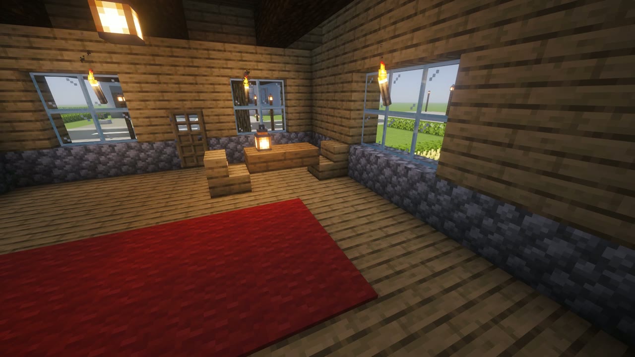 Step 11 of the Minecraft easy survival starter house: table, chairs and rug