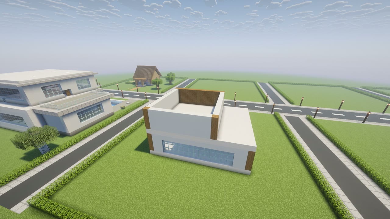 Step 5 of the Minecraft modern house: upper walls and wood cladding