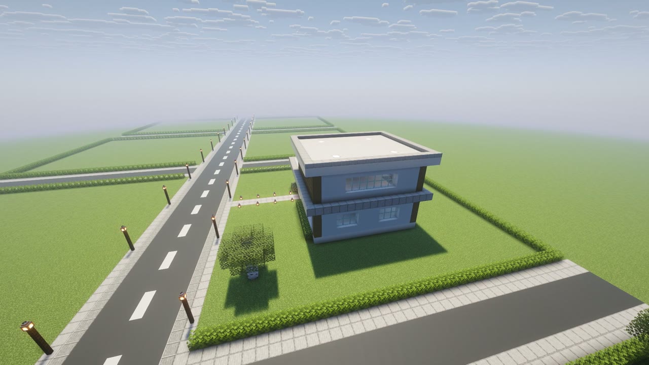 Step 8 of the Minecraft modern house: path, garden and lights