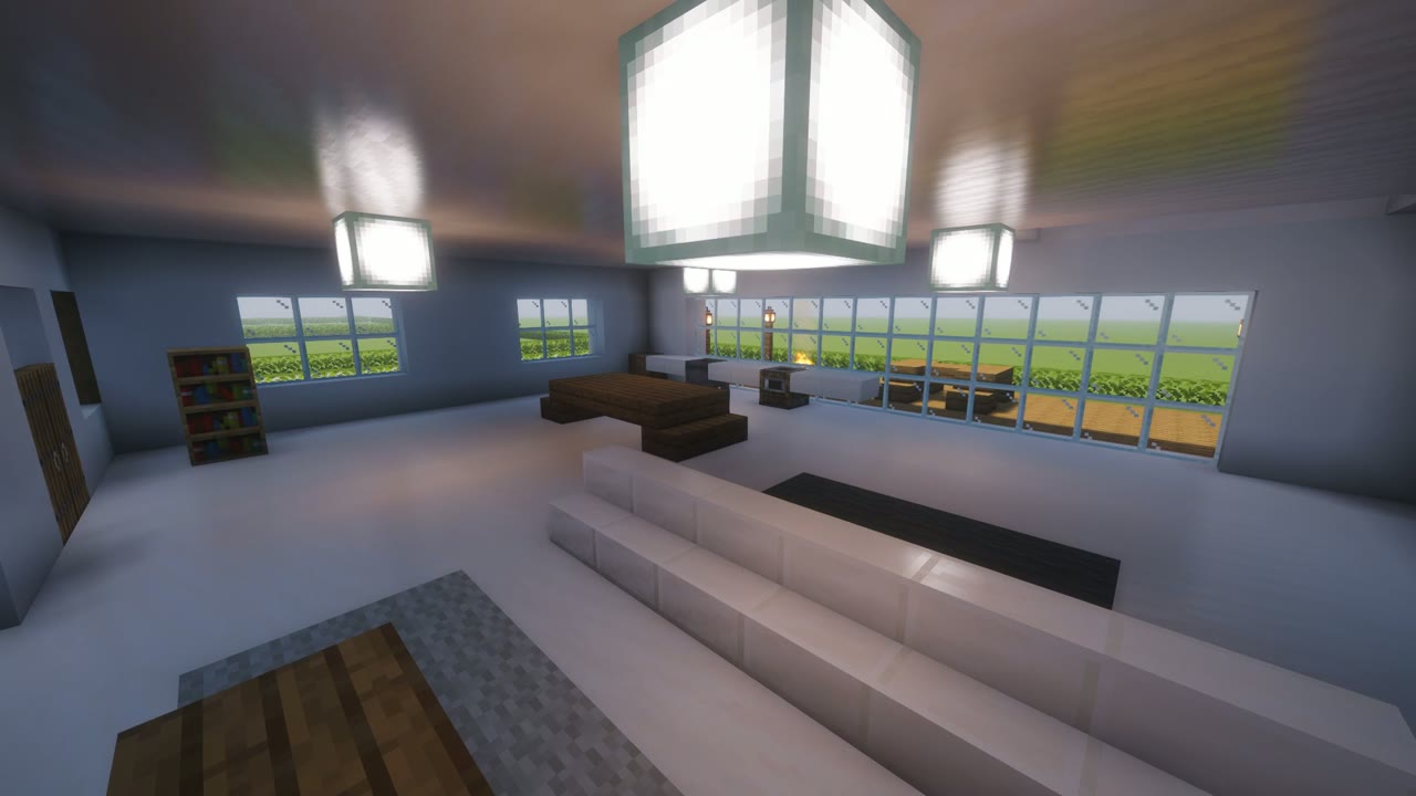 Step 10 of the Minecraft modern house: interior: living room and kitchen