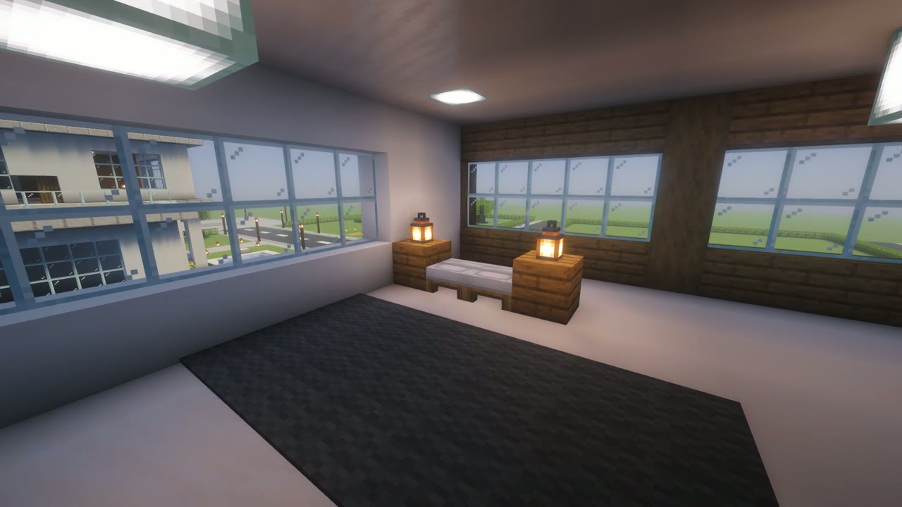 Step 11 of the Minecraft modern house: interior: stairs and bedroom