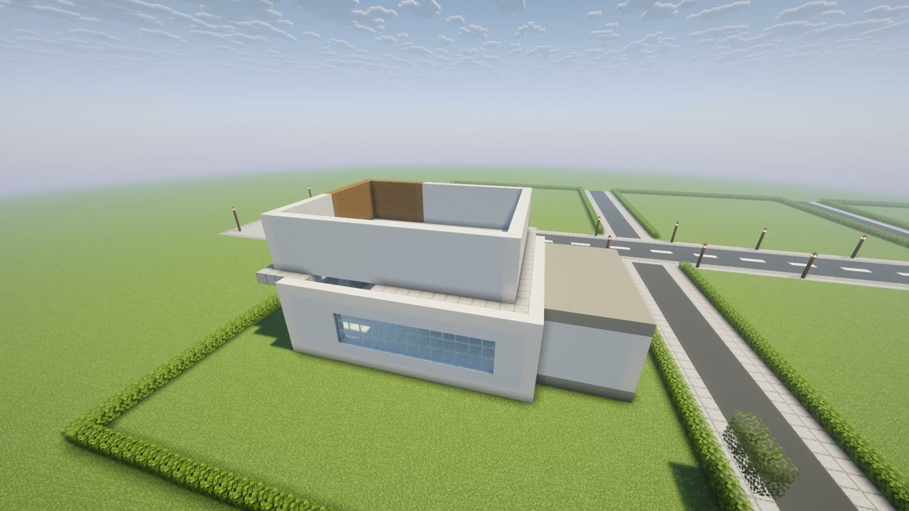 Step 5 of the Minecraft modern mansion: second floor walls and wood cladding