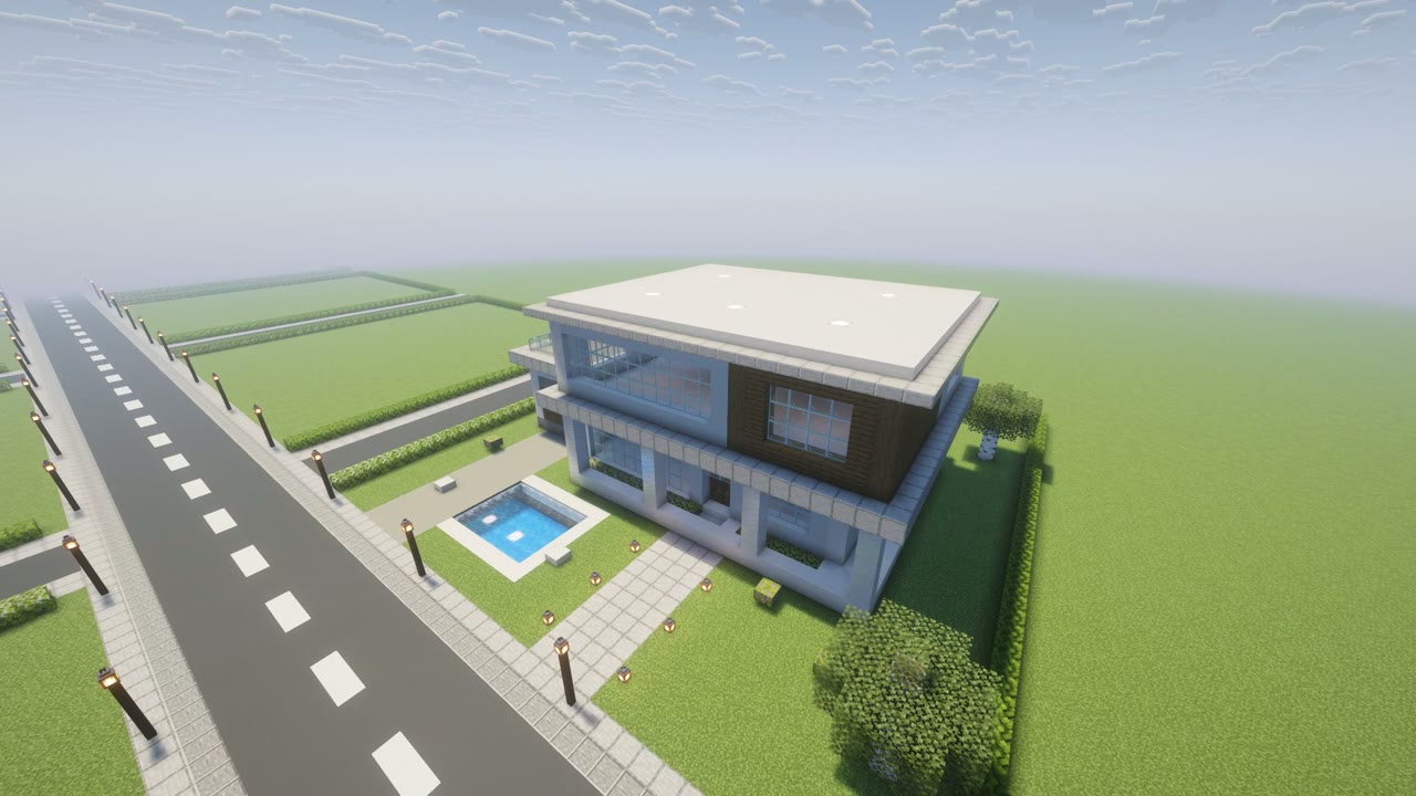 Step 9 of the Minecraft modern mansion: path, garden and lights