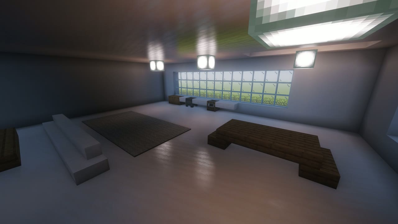 Step 10 of the Minecraft modern mansion: interior: living room and kitchen