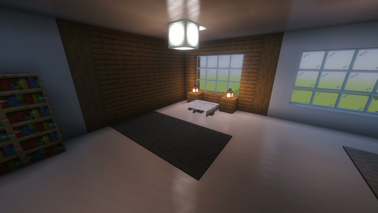 Step 11 of the Minecraft modern mansion: interior: stairs and bedroom